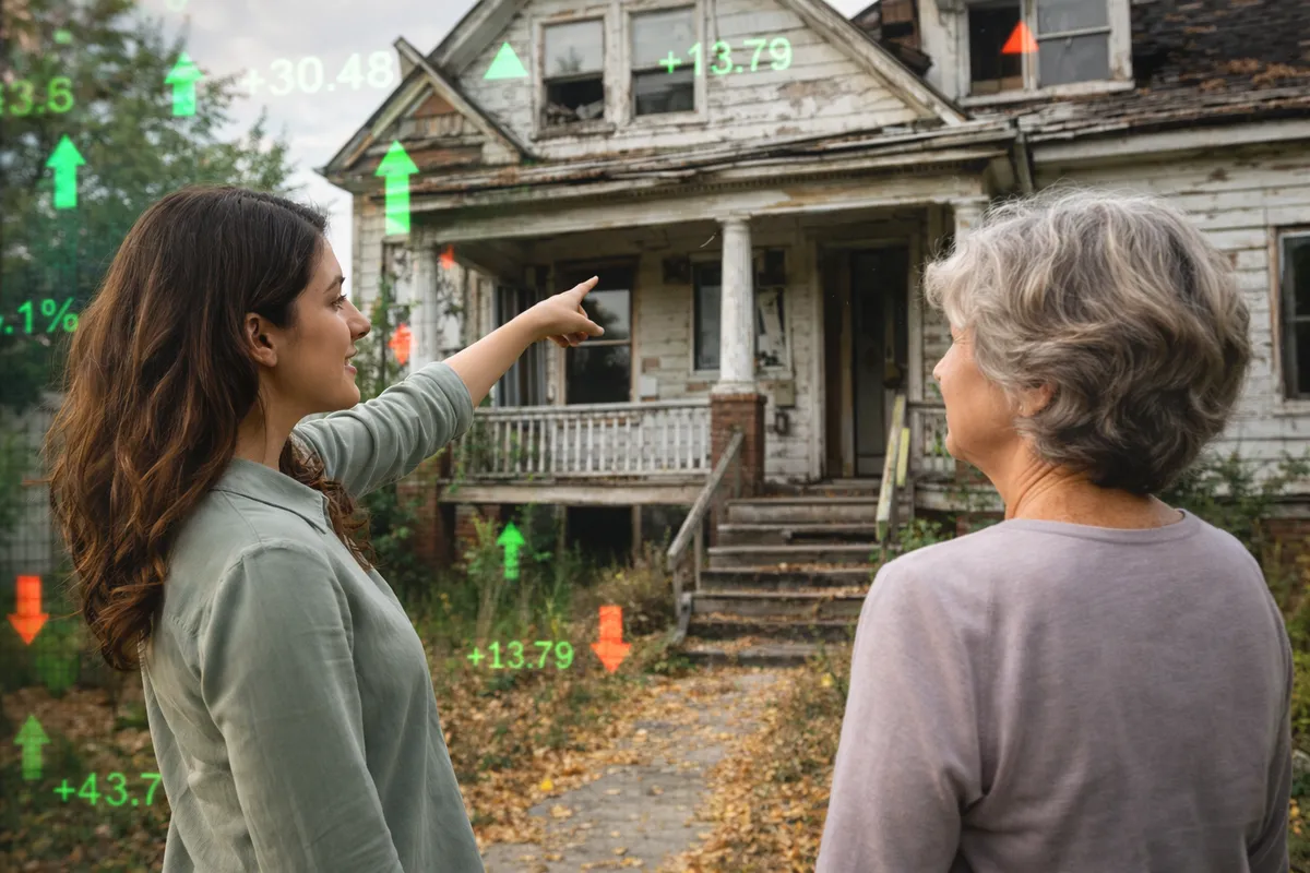 Two women looking at a run-down house ready for renovation