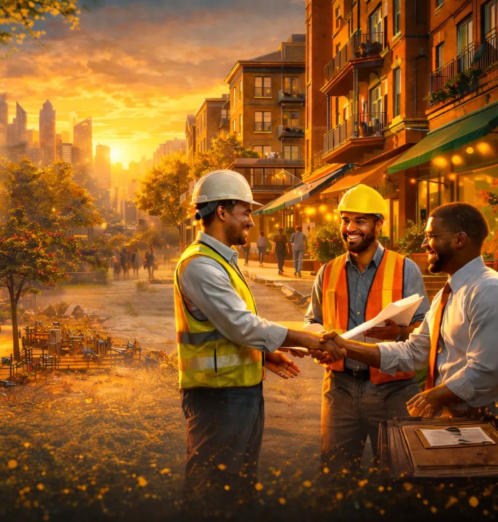 Construction leaders shaking hands on a revitalized neighborhood street at sunset