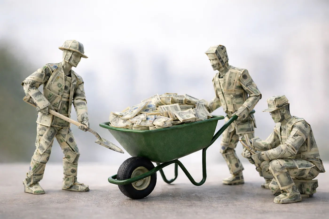 Figures made of dollar bills pushing a wheelbarrow full of money